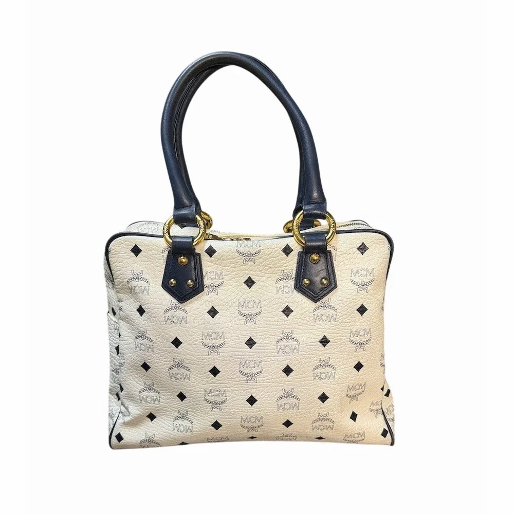 MCM Visetos Double Pocket Satchel Handbag Navy and White with Gold Hardware